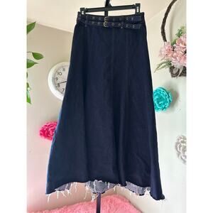 Urban Revivo Denim Midi Skirt US 4 Dark Wash Belted A-Line Raw Hem NWT

⸻